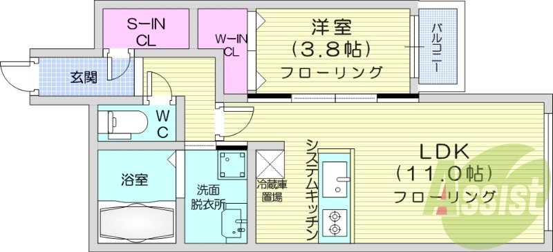 1LDK、都市ガス、エアコン、システムキッチン