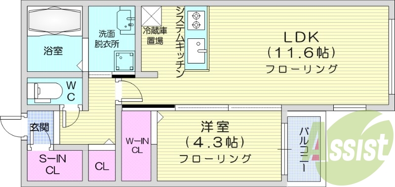 1LDK、都市ガス、エアコン、システムキッチン