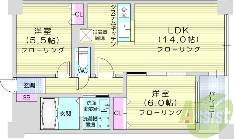 ２LDK、オートロック、宅配BOX、対面式キッチン