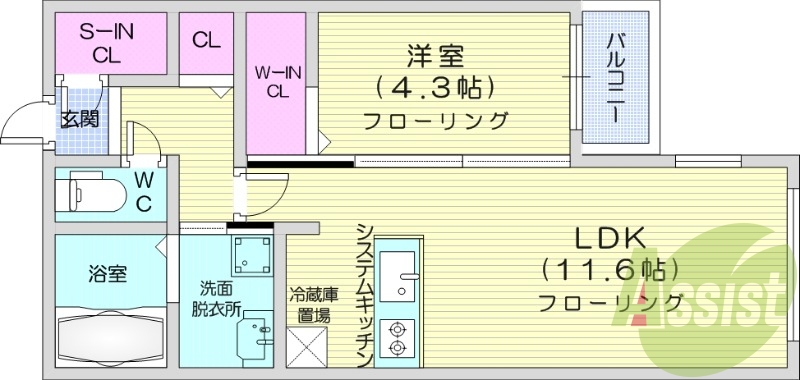 1LDK、都市ガス、エアコン、システムキッチン