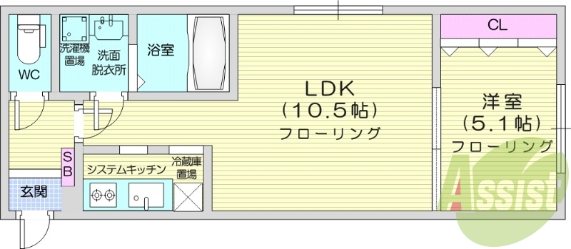 1LDK、システムキッチン、シャワートイレ、クローゼット