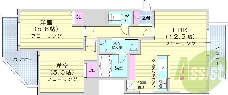 2LDK、エアコン、システムキッチン、浴室乾燥機