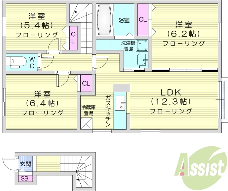 3LDK、対面キッチン、モニタ付インターホン、浴室乾燥機