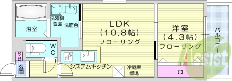 1LDK、都市ガス、エアコン、インターネット無料