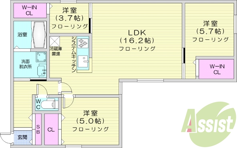 3LDK、エアコン、都市ガス、システムキッチン