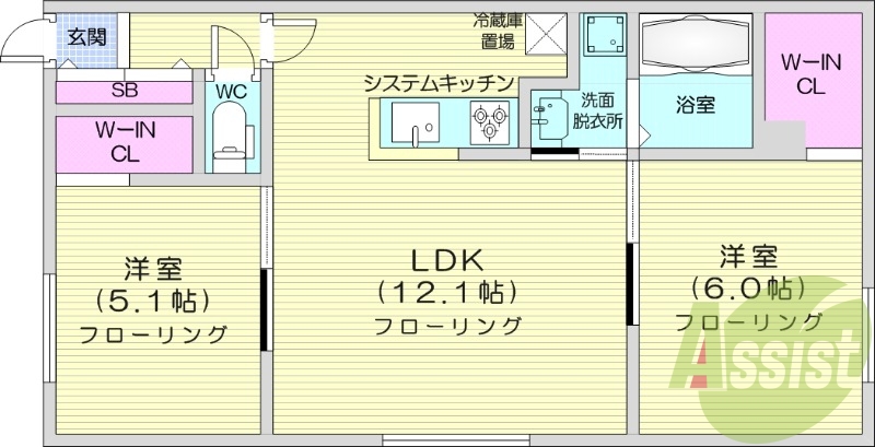 2LDK、エアコン、都市ガス、システムキッチン