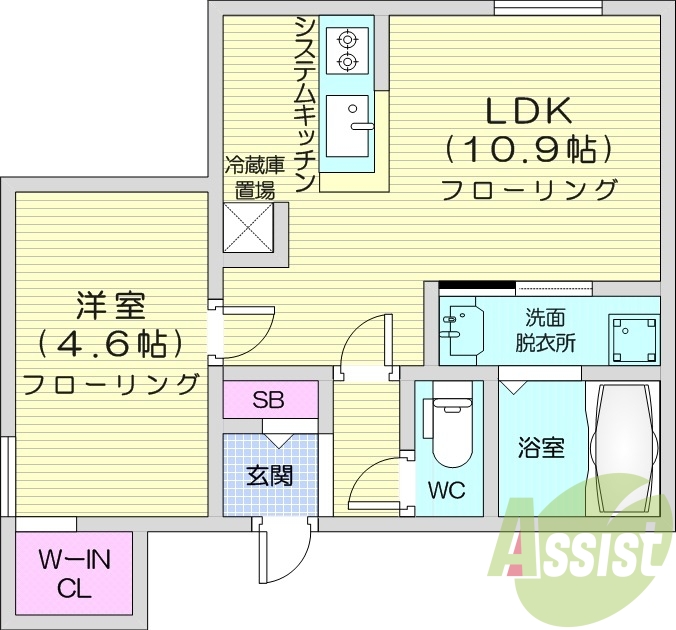 1LDK、エアコン、都市ガス、システムキッチン