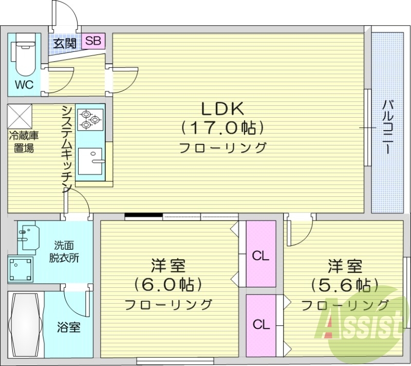 2LDK、都市ガス、エアコン、ガス暖房、ネット無料