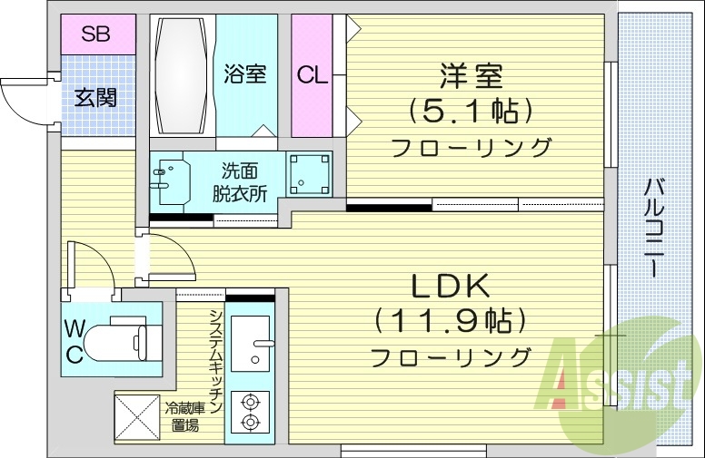 1LDK、オートロック、エアコン、カウンターキッチン
