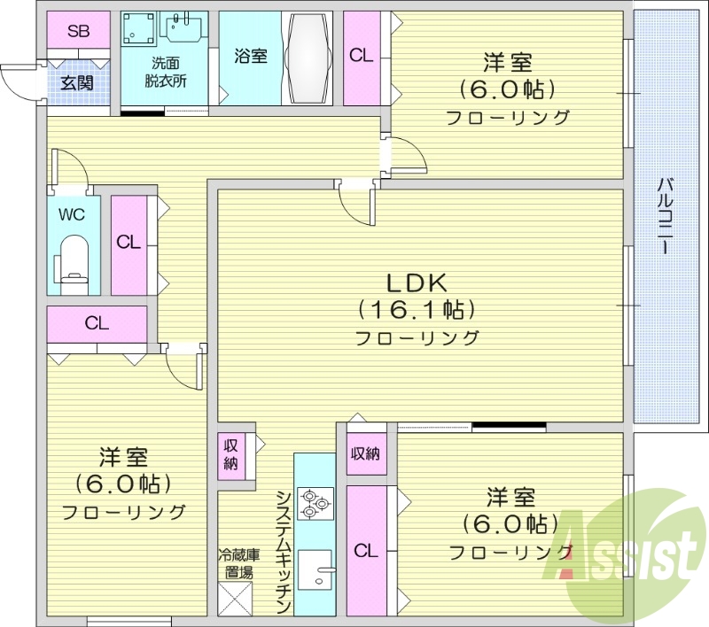 3LDK、都市ガス、エアコン、システムキッチン、追い焚き