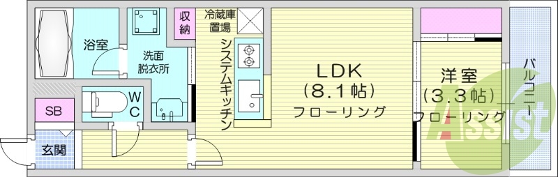 1LDK、都市ガス、エアコン、浴室乾燥機、ネット無料