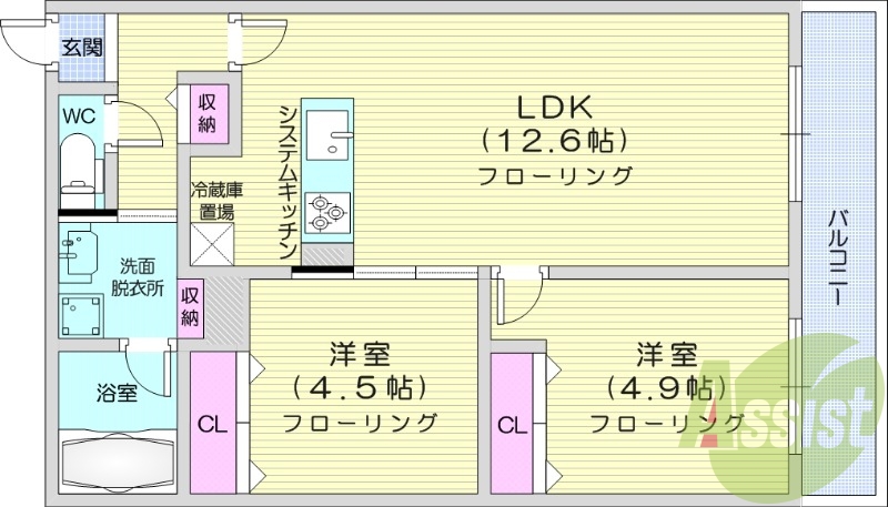2LDK、都市ガス、エアコン、浴室乾燥機、追い焚き