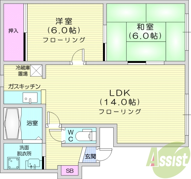 2LDK、エアコン、トランクルーム、灯油暖房