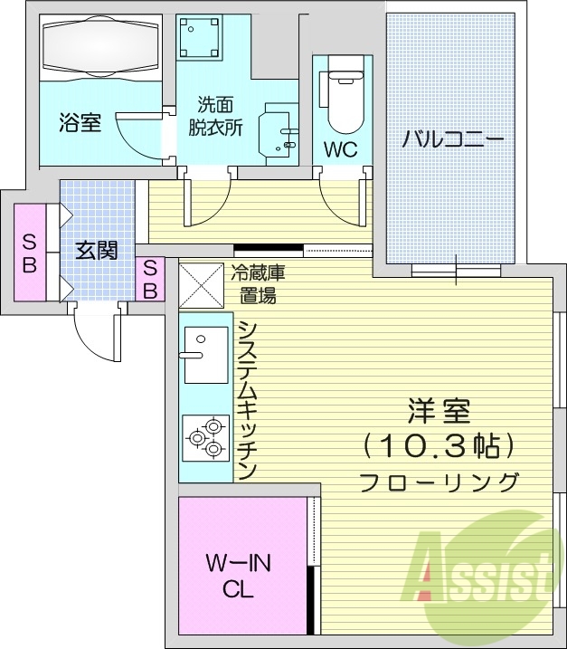 1R、システムキッチン、都市ガス、エアコン