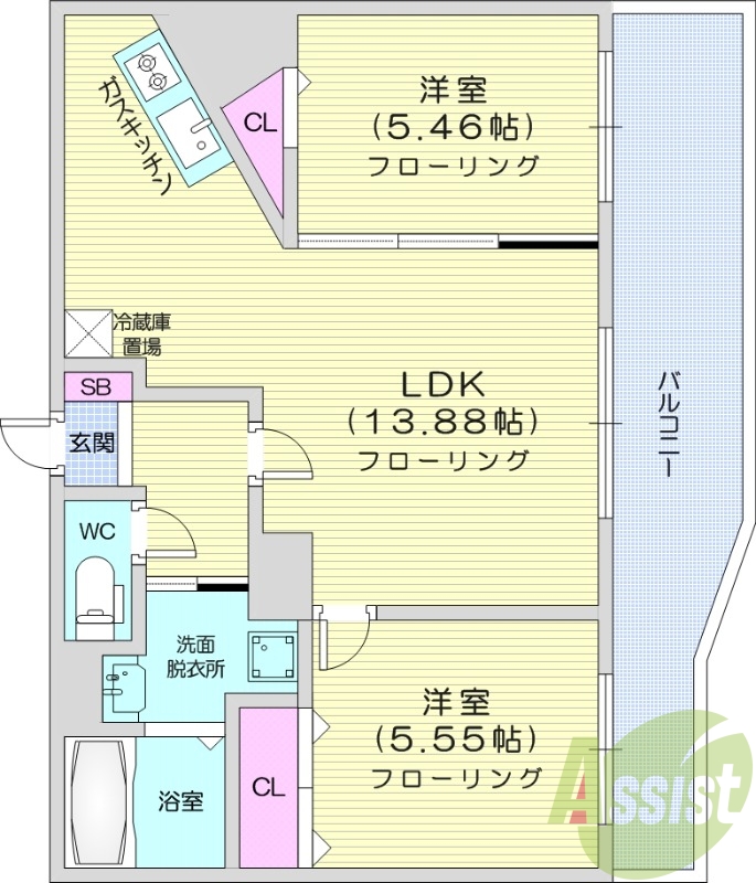 2LDK、灯油暖房、エアコン、シャンドレ