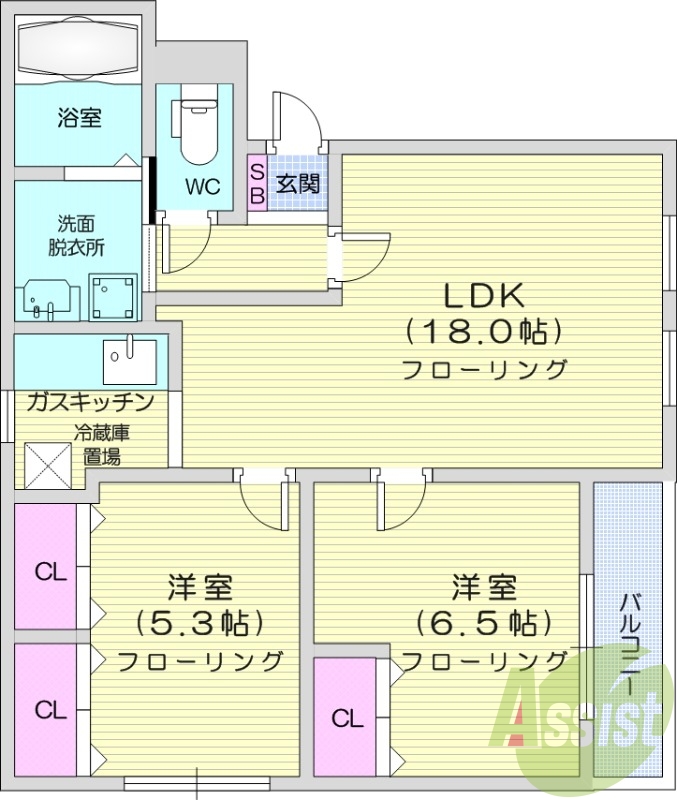 2LDK、オートロック、バス・トイレ別、暖房