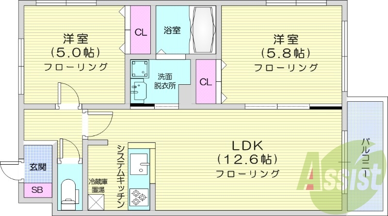 2LDK、トランクルーム、シャワートイレ、対面キッチン