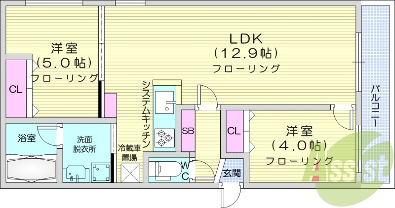 2LDK、エアコン、システムキッチン、追い焚き、ネット無料