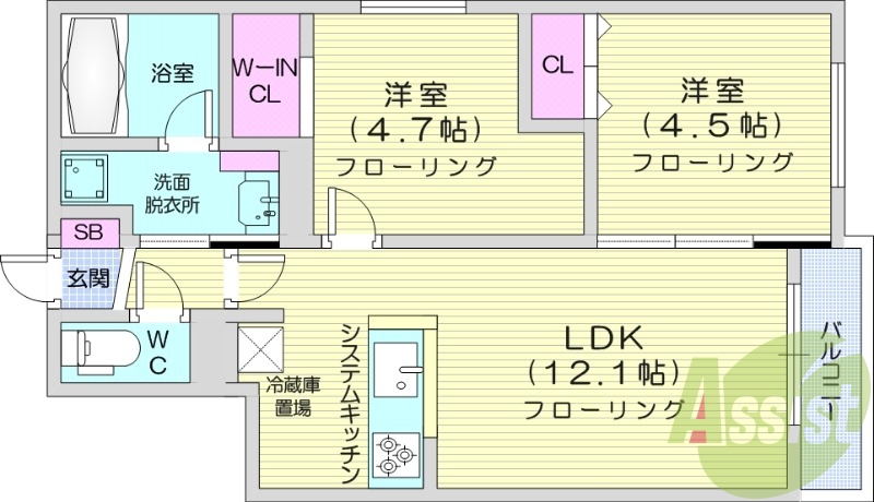 2LDK、エアコン、システムキッチン、追い焚き、ネット無料