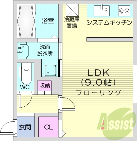 1K、エアコン、都市ガス、ペット飼育可能