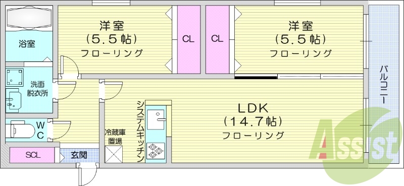 2LDK、都市ガス、エアコン、追い焚き、浴室乾燥機