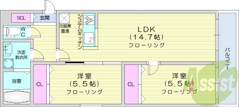2LDK、都市ガス、エアコン、追い焚き、浴室乾燥機