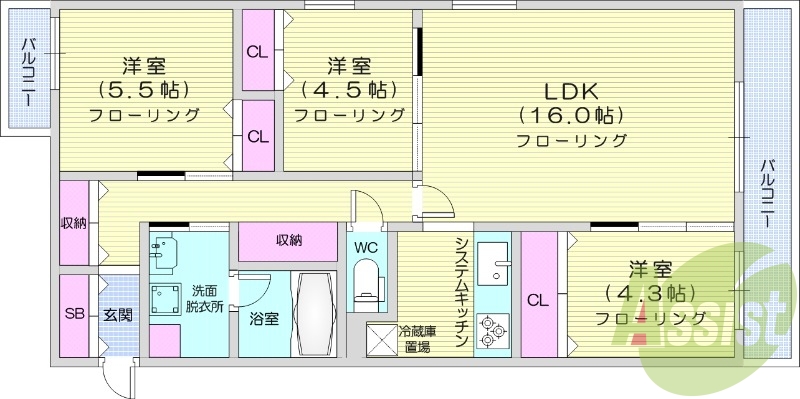 3LDK、エアコン、都市ガス、ペット飼育可能