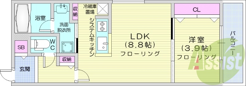 1LDK、都市ガス、エアコン、浴室乾燥機、ネット無料