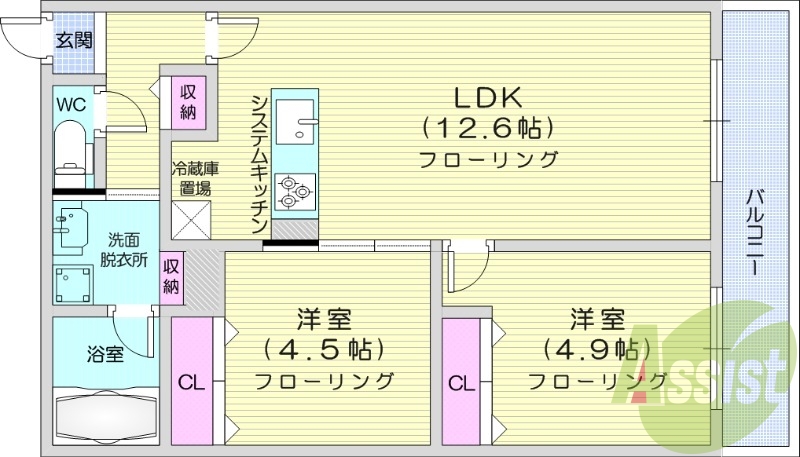 2LDK、都市ガス、エアコン、浴室乾燥機、追い焚き