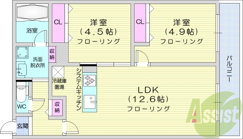 2LDK、都市ガス、エアコン、浴室乾燥機、追い焚き