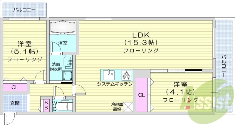 2LDK、都市ガス、エアコン、浴室乾燥機、追い焚き