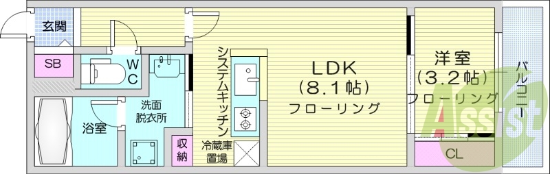 1LDK、都市ガス、エアコン、浴室乾燥機、ネット無料