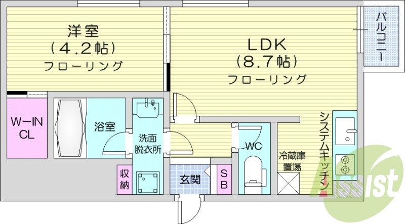 1LDK、都市ガス、エアコン、浴室乾燥機、ネット無料
