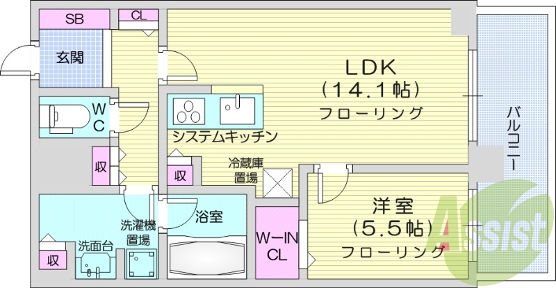 1LDK、都市ガス、追い焚き、床暖房、システムキッチン