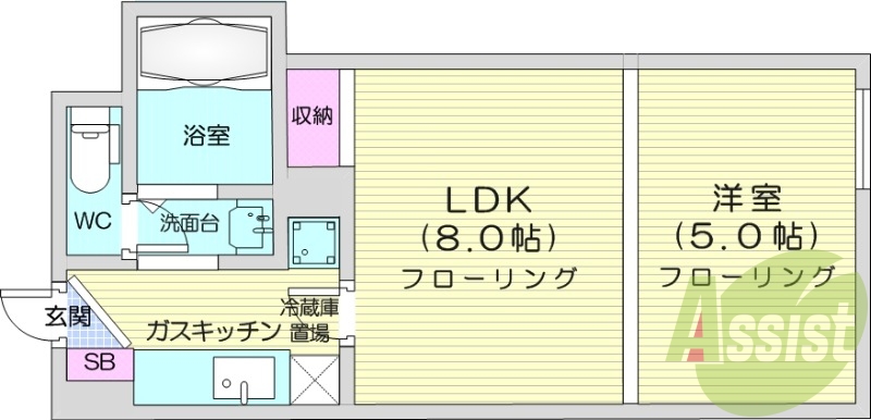 1LDK、オートロック、バストイレ別、独立洗面台