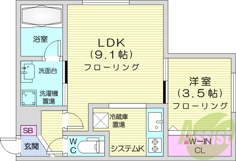 1LDK、角部屋、ガス暖房、ネット無料、システムキッチン