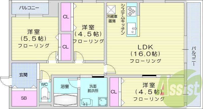 3LDK、エアコン、都市ガス、ペット飼育可能