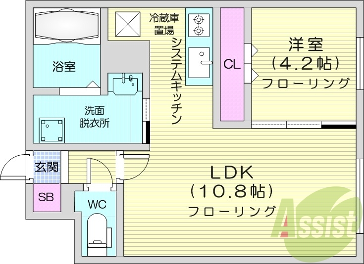 1LDK、エアコン、システムキッチン、ネット無料