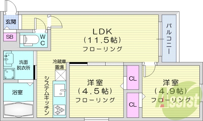 2LDK、エアコン、システムキッチン、ネット無料