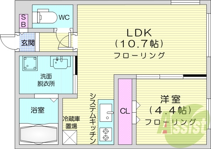 1LDK、エアコン、システムキッチン、ネット無料