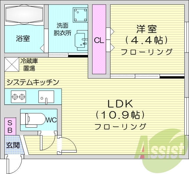 1LDK、エアコン、システムキッチン、ネット無料