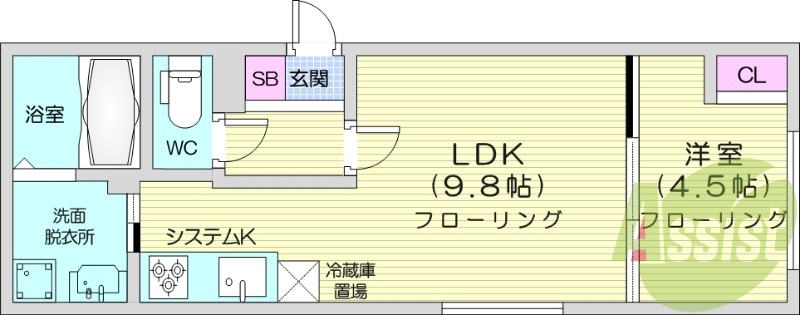 1LDK、エアコン、システムキッチン、独立洗面台
