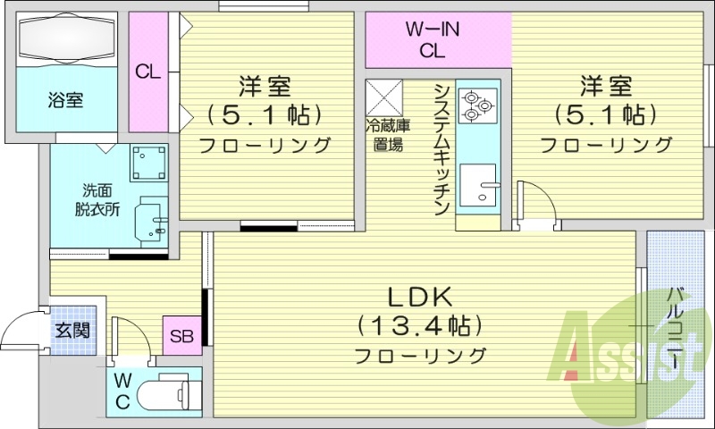 2LDK、都市ガス、エアコン、システムキッチン