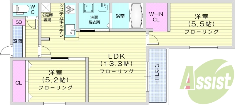 2LDK、都市ガス、エアコン、システムキッチン