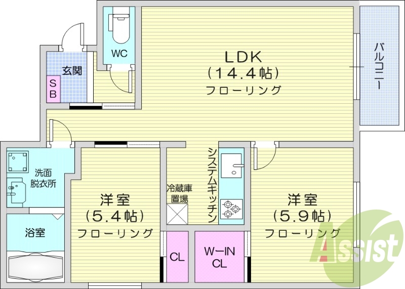 2LDK、都市ガス、エアコン、システムキッチン、追い焚き