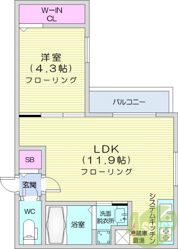 1LDK、エアコン、システムキッチン、ネット無料