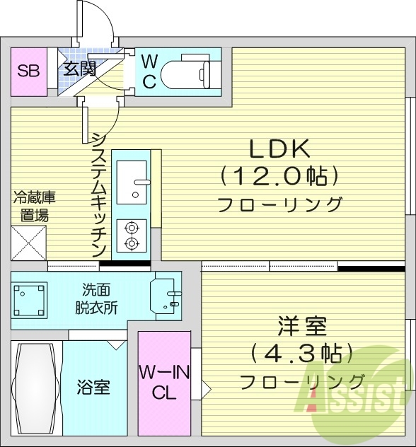 1LDK、エアコン、システムキッチン、ネット無料