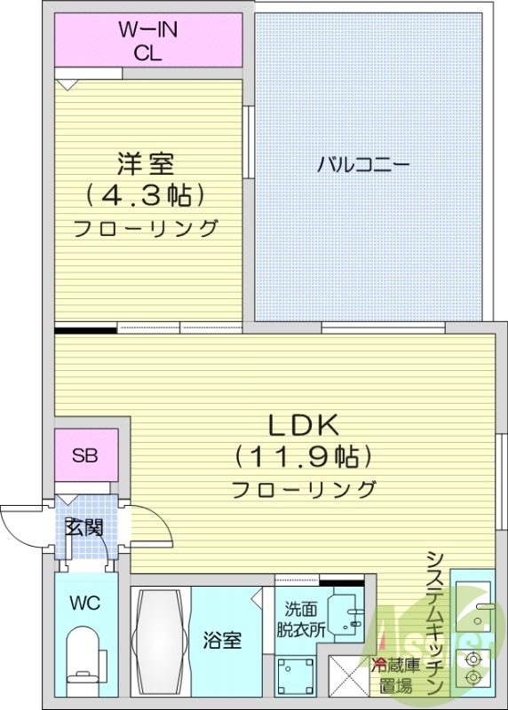 1LDK、エアコン、システムキッチン、ネット無料