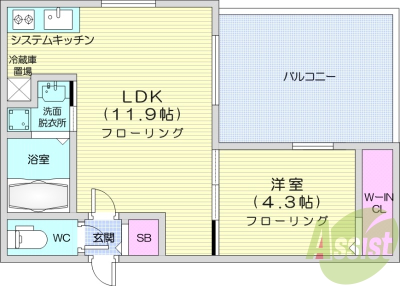 1LDK、エアコン、システムキッチン、ネット無料