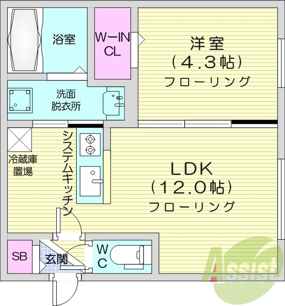 1LDK、エアコン、システムキッチン、ネット無料